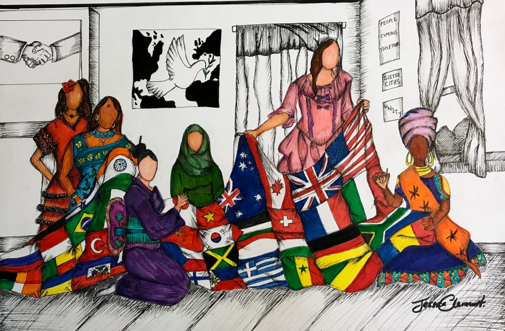 Young Artists and Authors Showcase submission showing six women in cultural attire knitting a blanket of different country flags